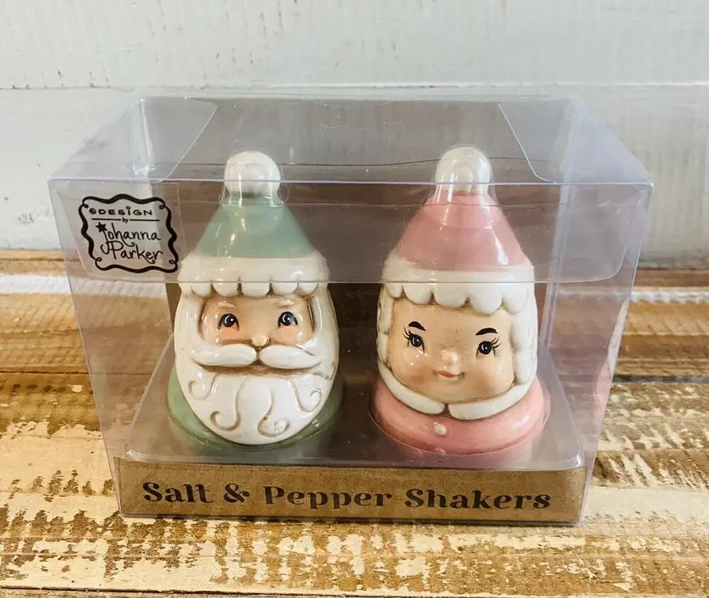 New Johanna Parker Santa Mrs Claus Salt Pepper Shakers Pastel Christmas Box